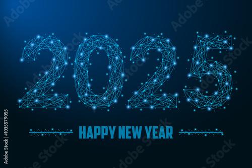 2025 New Year illustration made by points and lines, polygonal wireframe mesh on dark blue background. Low poly greeting card. Vector.