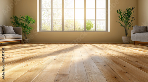 Modern open-plan living room with light wood floors, minimal decor, and sunlight streaming in 