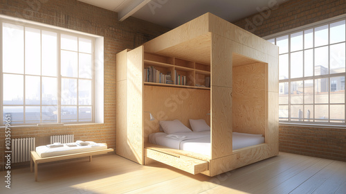 Wallpaper Mural Multifunctional living area in a minimalist studio with hidden storage features Torontodigital.ca