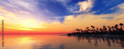 Beautiful beach with palm trees at sunset, panorama of a tropical landscape, sea sunset,
3d rendering