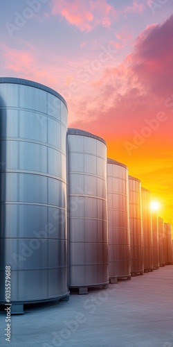 Shiny metallic silos against vibrant sunset, showcasing industrial storage and manufacturing.