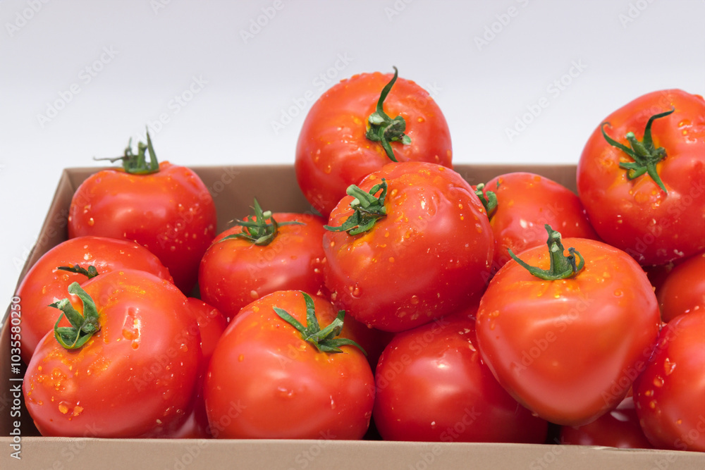 Box of tomatoes on white . food fresh healthy concept. large number of red tomatoes lie in box on a white . a large number of tomatoes lie in a box on a white lifestyle. Box of tomatoes on white . food fresh healthy concept. large number of red tomatoes lie in box on a white . a large number of tomatoes lie in a box on a white lifestyle.