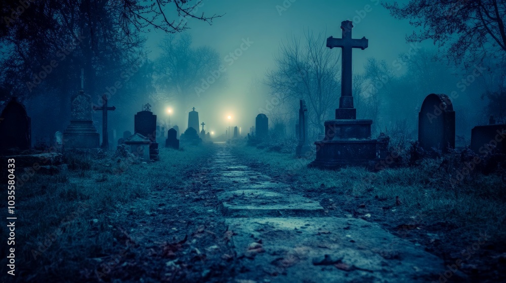 Mysterious Foggy Graveyard Path, an eerie journey through a muddy, mist-laden cemetery illuminated by the moonlight, shadows dancing among ancient tombstones. Mysterious Foggy Graveyard Path, an eerie journey through a muddy, mist-laden cemetery illuminated by the moonlight, shadows dancing among ancient tombstones.