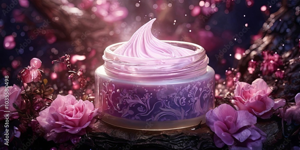A jar of pink cream is surrounded by pink flowers A jar of pink cream is surrounded by pink flowers