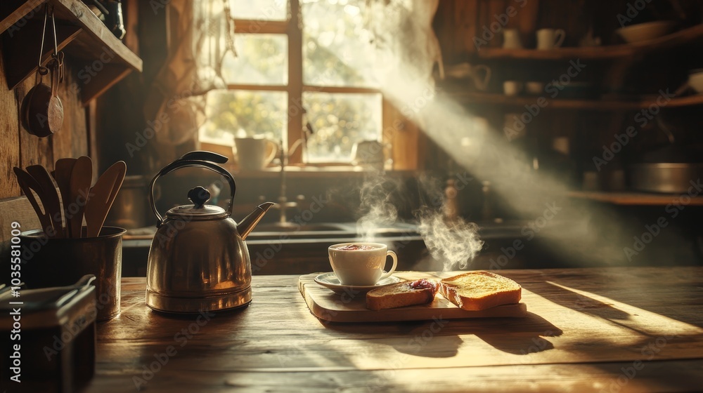 Rustic Kitchen Breakfast with Tea and Toast. Rustic Kitchen Breakfast with Tea and Toast.