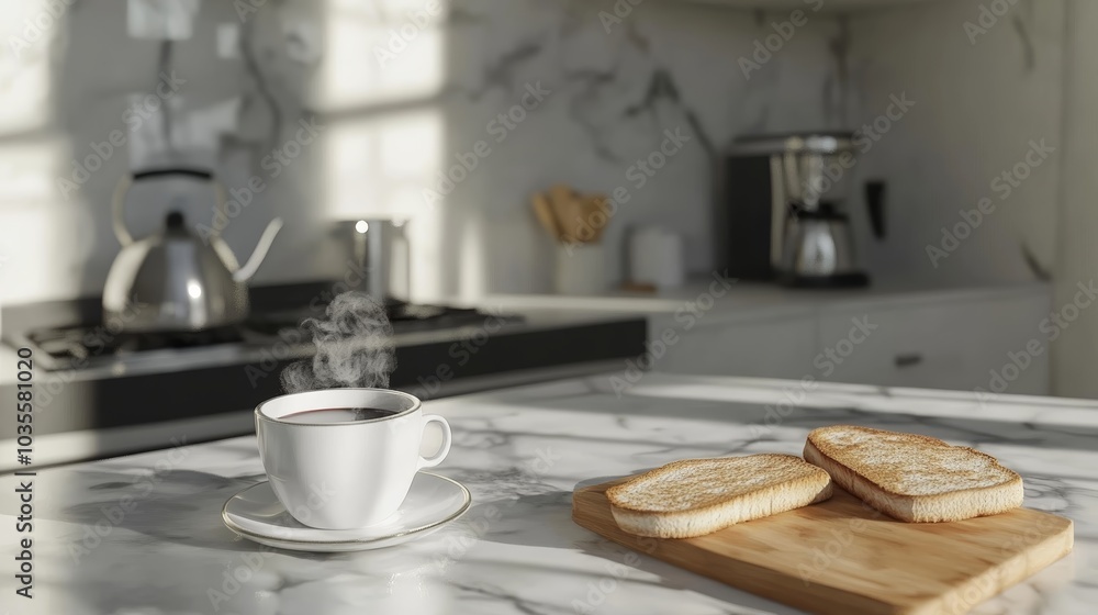 Steaming Cup of Coffee and Toasted Bread on Kitchen Countertop. Steaming Cup of Coffee and Toasted Bread on Kitchen Countertop.