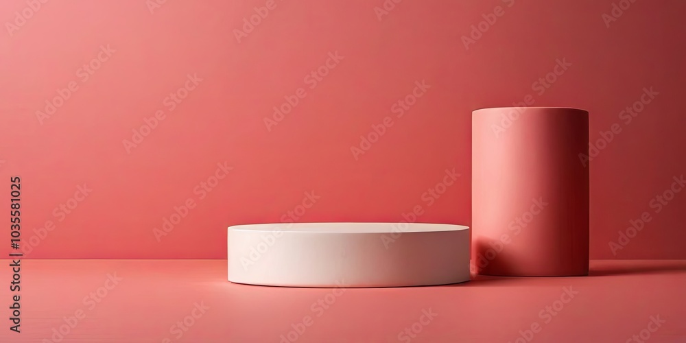 A pink background with two white cylinders and a white circle A pink background with two white cylinders and a white circle