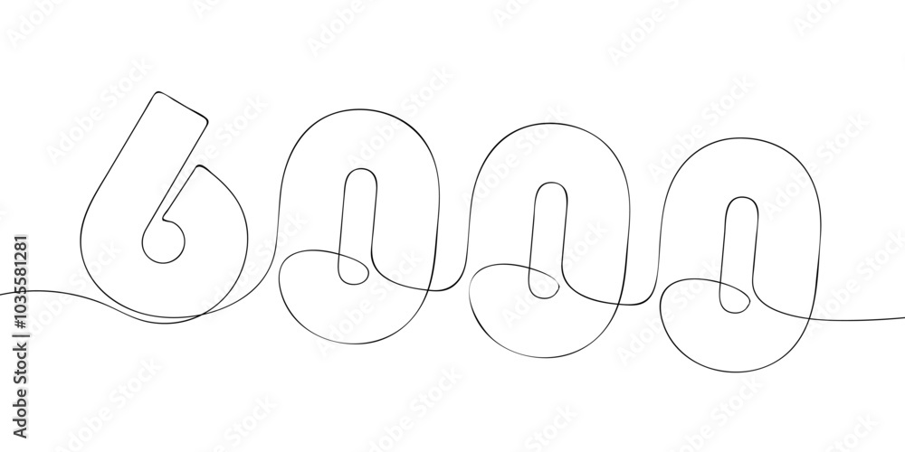 A single line drawing of a six thousand symbol. Continuous line six thousandth number icon. One line icon. Vector illustration. A single line drawing of a six thousand symbol. Continuous line six thousandth number icon. One line icon. Vector illustration.