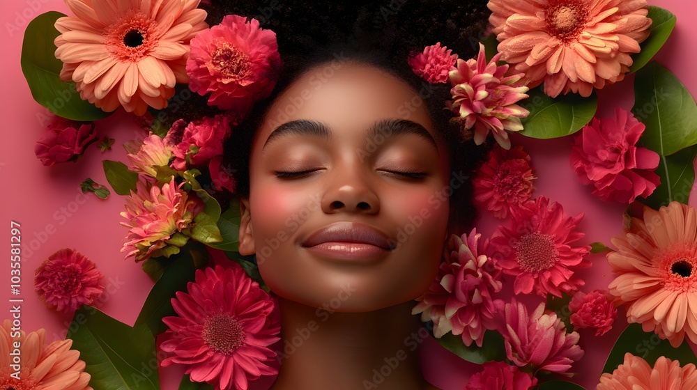 A woman is laying in a bed of flowers, with her head resting on her hand A woman is laying in a bed of flowers, with her head resting on her hand