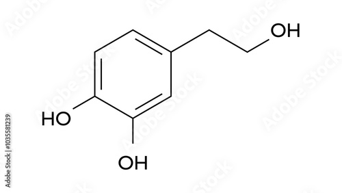 hydroxytyrosol molecule, structural chemical formula, ball-and-stick model, isolated image phenylethanoid photo