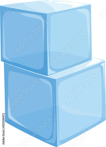 Two semitransparent ice cubes are standing on top of each other on white background