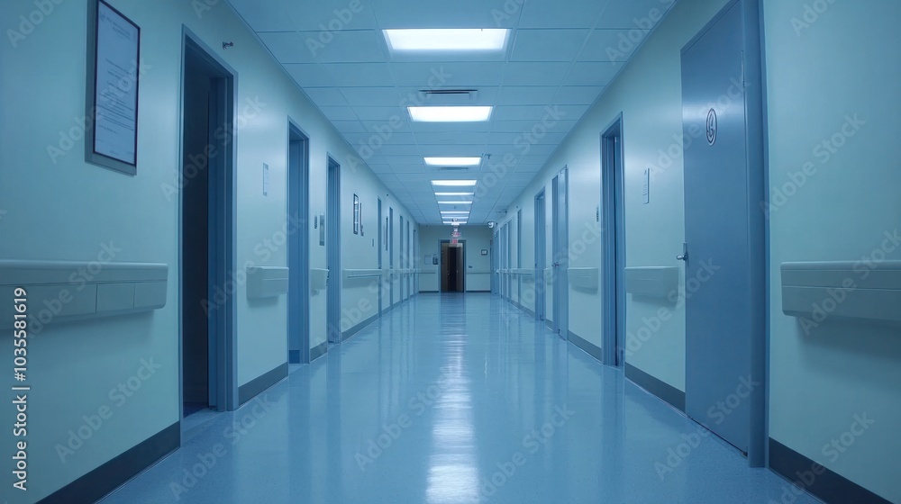 Modern empty hospital offices and hallway, no activity Modern empty hospital offices and hallway, no activity