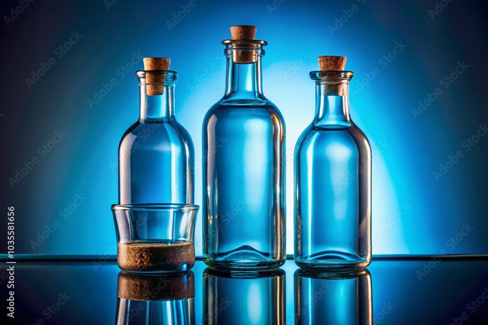 Surreal Composition of Three Glass Bottles on Blue Background for Unique Decor Surreal Composition of Three Glass Bottles on Blue Background for Unique Decor