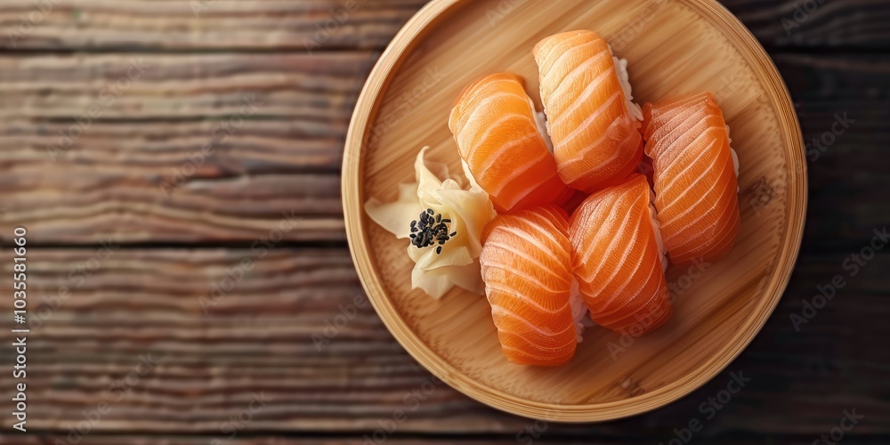 Salmon sushi on a wooden plate with a wooden background. Salmon sushi on a wooden plate with a wooden background.