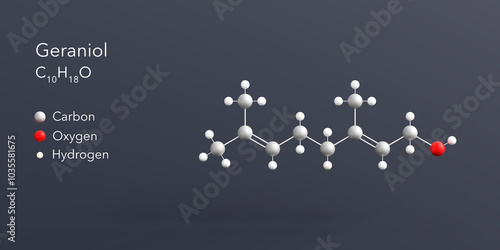 geraniol molecule 3d rendering, flat molecular structure with chemical formula and atoms color coding photo