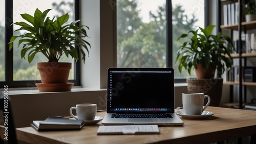 Wallpaper Mural Cozy Home Office Setup With Laptop and Coffee Mugs Torontodigital.ca