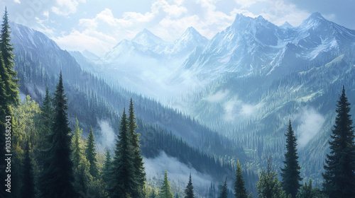 A breathtaking view of a mountain range dotted with pine trees, capturing the essence of wilderness.