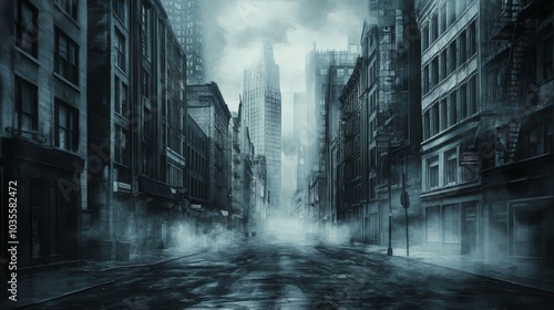 Misty Noir Cityscape, a charcoal illustration depicting a cold, atmospheric street scene in a tall-building urban environment, capturing the essence of a gritty gangster town.