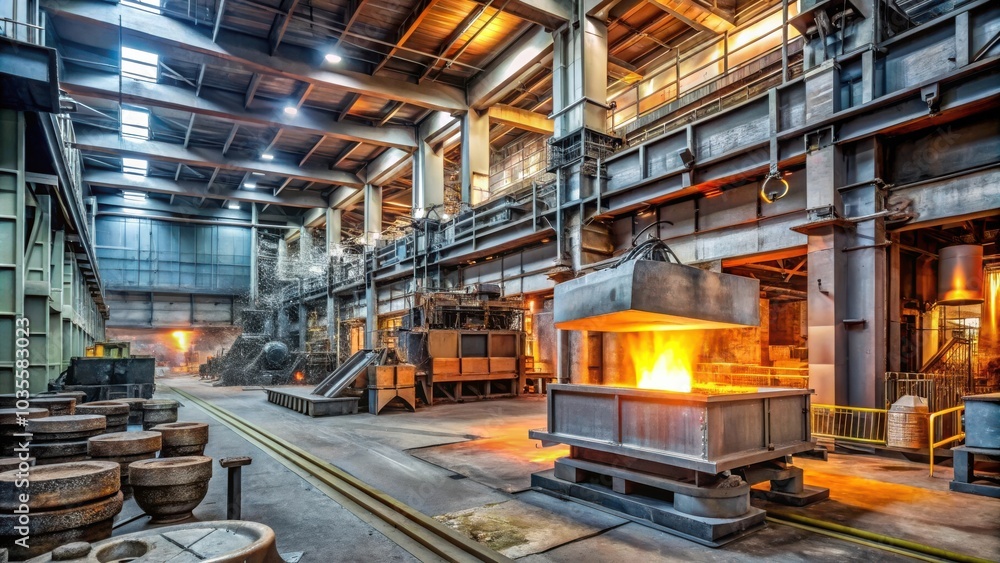 Industrial Interior with a Fiery Furnace and Stacked Metal Parts in a Metal Processing Plant Industrial Interior with a Fiery Furnace and Stacked Metal Parts in a Metal Processing Plant
