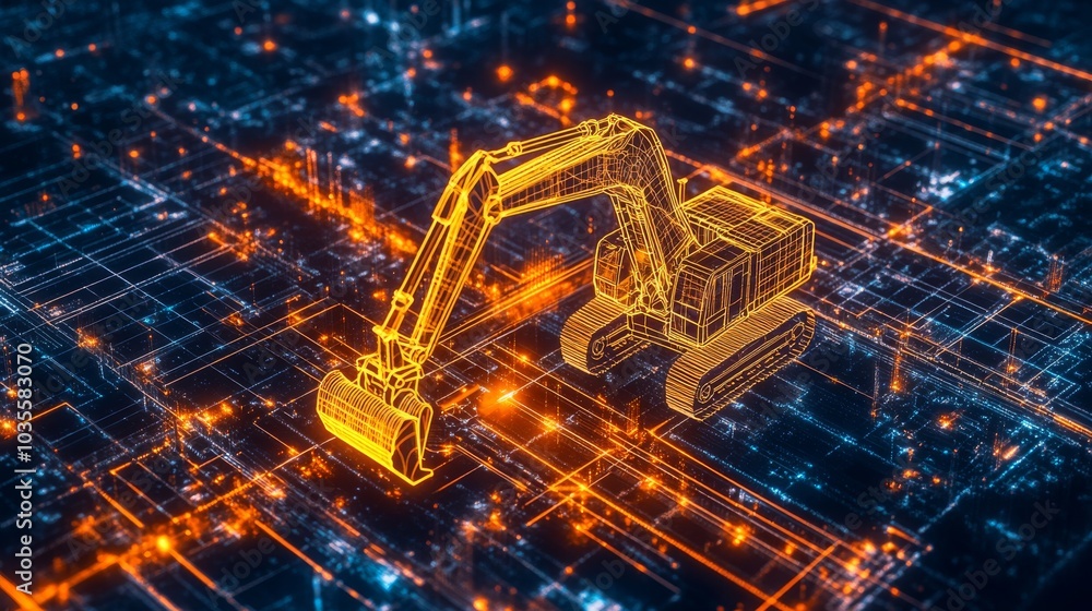 A digital illustration of an excavator depicted with glowing lines against a network-like background, symbolizing technology and innovation in construction. A digital illustration of an excavator depicted with glowing lines against a network-like background, symbolizing technology and innovation in construction.