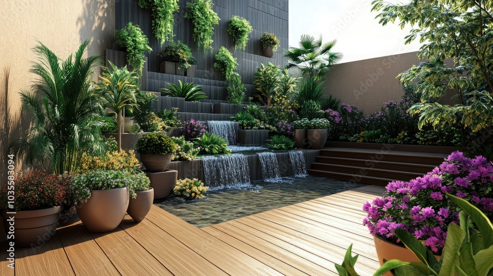 A sophisticated terrace garden with an assortment of potted plants A sophisticated terrace garden with an assortment of potted plants
