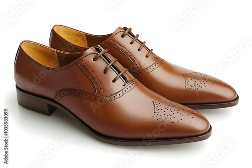 Brown leather lace up ladies shoes, tan brogues footwear isolated on white background.