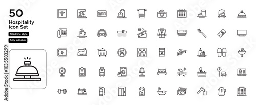 Hospitality Line Icon Set: Customer Care, Room Cleaning, and Guest Support Icons