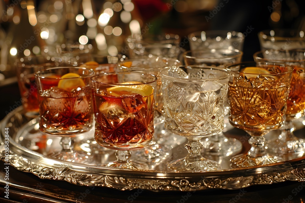 Elegant Display of Crystal Glasses with Colorful Cocktails on a Silver Tray Elegant Display of Crystal Glasses with Colorful Cocktails on a Silver Tray