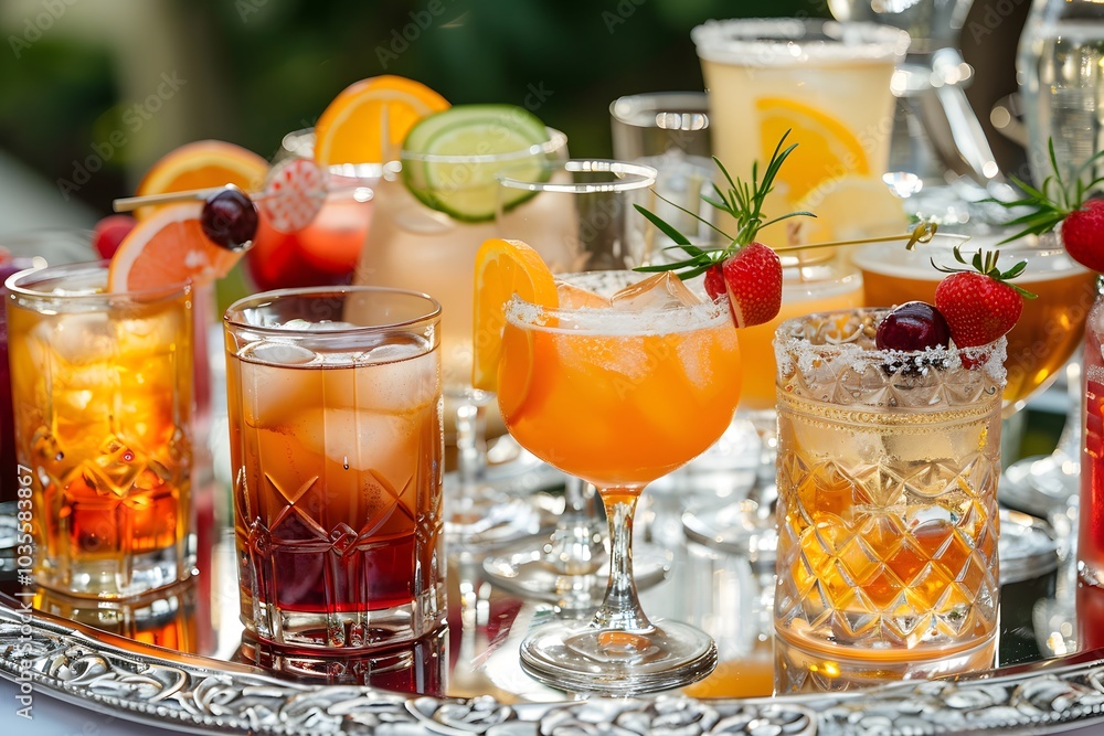 A Colorful Array of Refreshing Cocktails on a Silver Tray A Colorful Array of Refreshing Cocktails on a Silver Tray