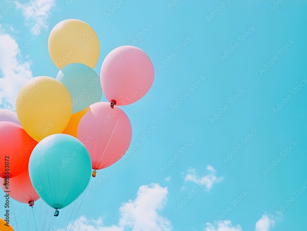 Colorful Hot Air Balloons Floating Against a Serene Blue Sky with Fluffy Clouds Colorful Hot Air Balloons Floating Against a Serene Blue Sky with Fluffy Clouds
