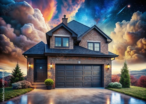 Surreal Landscape of a Large Brick House with Black Garage Door in Dreamlike Atmosphere