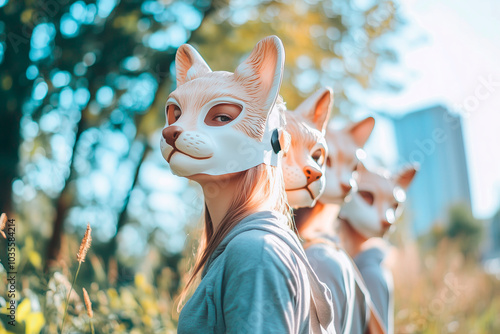 Quadrobics teenagers in animal masks and costumes play in the park, youth subculture, sport photo