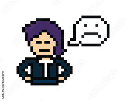 Pixel cartoon 8bit character man sad tired mood stress sick unhappy feel decoration 8 bit male boy bored feel sad with isolated PNG vector.