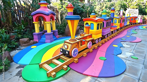 Wallpaper Mural Toy Train Rainbow: A wooden toy train chugging along tracks painted in rainbow hues. The little locomotive carries dreams to distant lands.  Torontodigital.ca