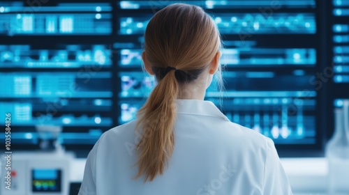 Biochemist studying DNA samples under a microscope in a modern lab