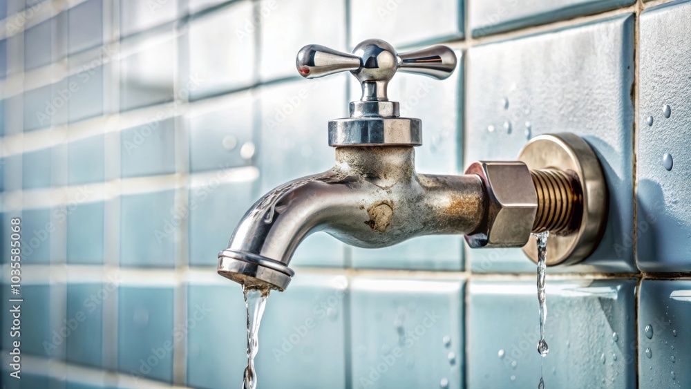 A worn metal faucet with a single stream of water dripping from its spout against a backdrop of blue tiles. A worn metal faucet with a single stream of water dripping from its spout against a backdrop of blue tiles.