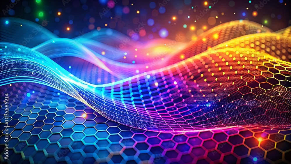 Abstract Futuristic Hexagon Wave with Moving Dots and Lines in Cyber Technology Illustration Abstract Futuristic Hexagon Wave with Moving Dots and Lines in Cyber Technology Illustration