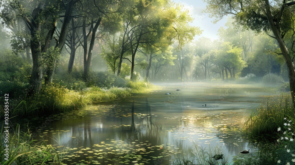 Tranquil Morning Mist Over a Serene Pond Tranquil Morning Mist Over a Serene Pond