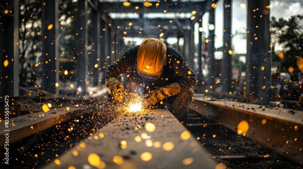 A construction worker welding metal beams, with sparks flying, looking at the camera through protective gear A construction worker welding metal beams, with sparks flying, looking at the camera through protective gear