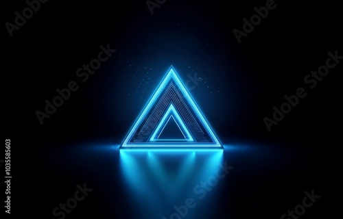 A luminous blue neon triangle stands out against a black background, casting a reflective glow on the surface below.