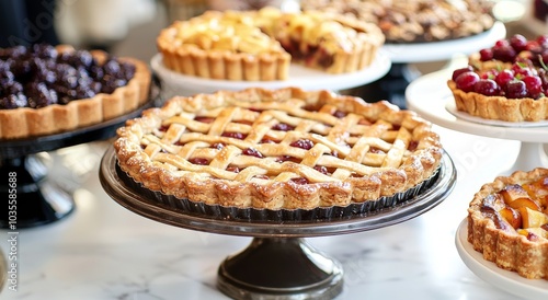 A wooden table that has pies on it, with a text area, created with the Stock technology