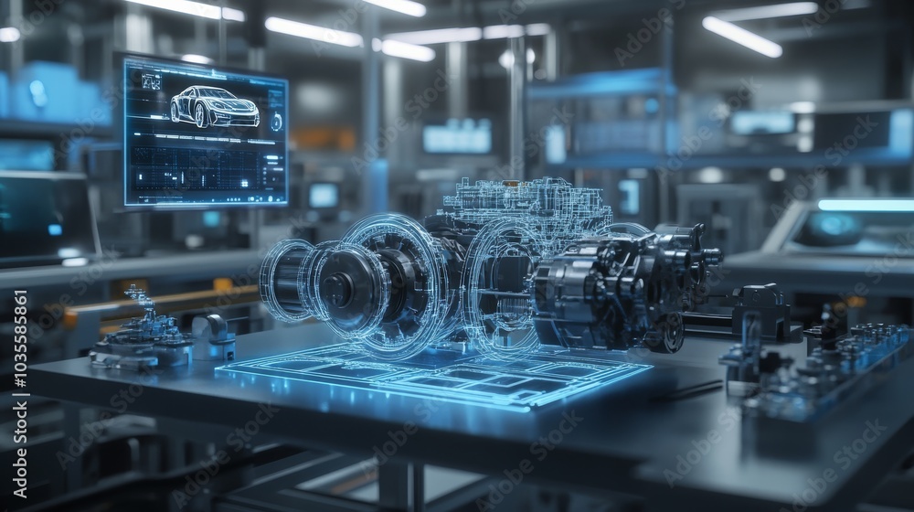 A futuristic holographic engine displayed on a table, surrounded by high-tech equipment and screens, showcasing advanced automotive technology. A futuristic holographic engine displayed on a table, surrounded by high-tech equipment and screens, showcasing advanced automotive technology.