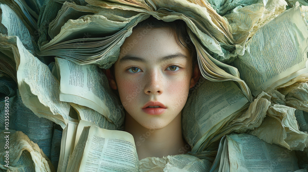 Young boy surrounded by books symbolizing education and growth