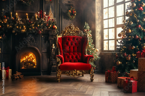 Magical room with the throne of Santa Claus photo