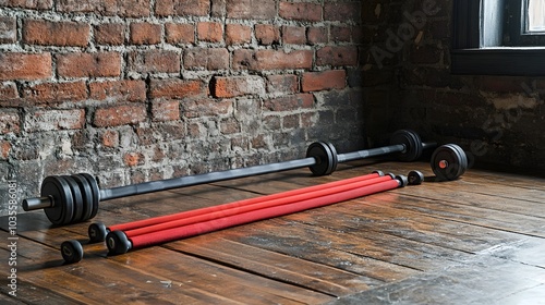 Set of workout equipment, including sliders and resistance bands, positioned on a wooden floor near a rough brick wall, lifestyle fitness, minimal clutter photo