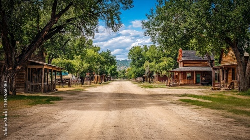Fototapeta Naklejka Na Ścianę i Meble -  Old West Town Scene, a rustic dirt road flanked by charming wooden houses, capturing the essence of frontier life in a small, historic settlement.
