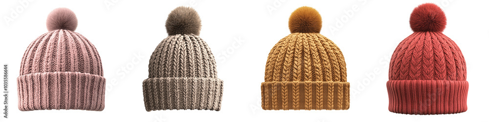Fototapeta premium A collection of stylish knit hats in various colors, featuring pom-poms, perfect for winter fashion and warmth.