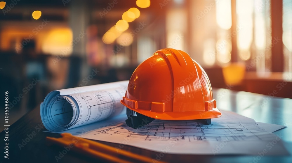 An orange construction helmet rests on blueprints, symbolizing safety and planning in the construction industry, illuminated by warm, natural light.