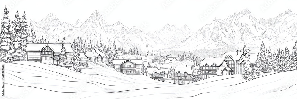 Fototapeta premium Winter Mountain Village Sketch: Snowy Landscape with Alpine Homes