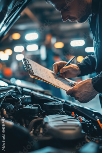 Man in blue overalls focused on fixing a car engine in a garage filled with tools and equipment. Oil stains on the floor. photo